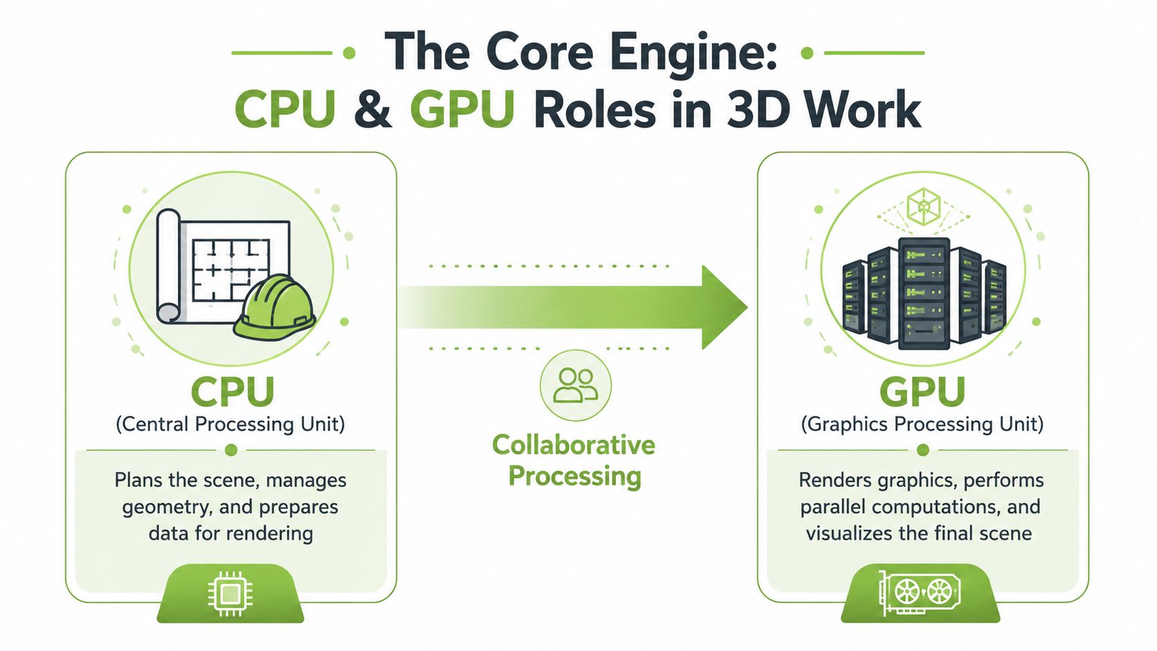 A diagram explaining the roles of the CPU and GPU during the 3D rendering process.