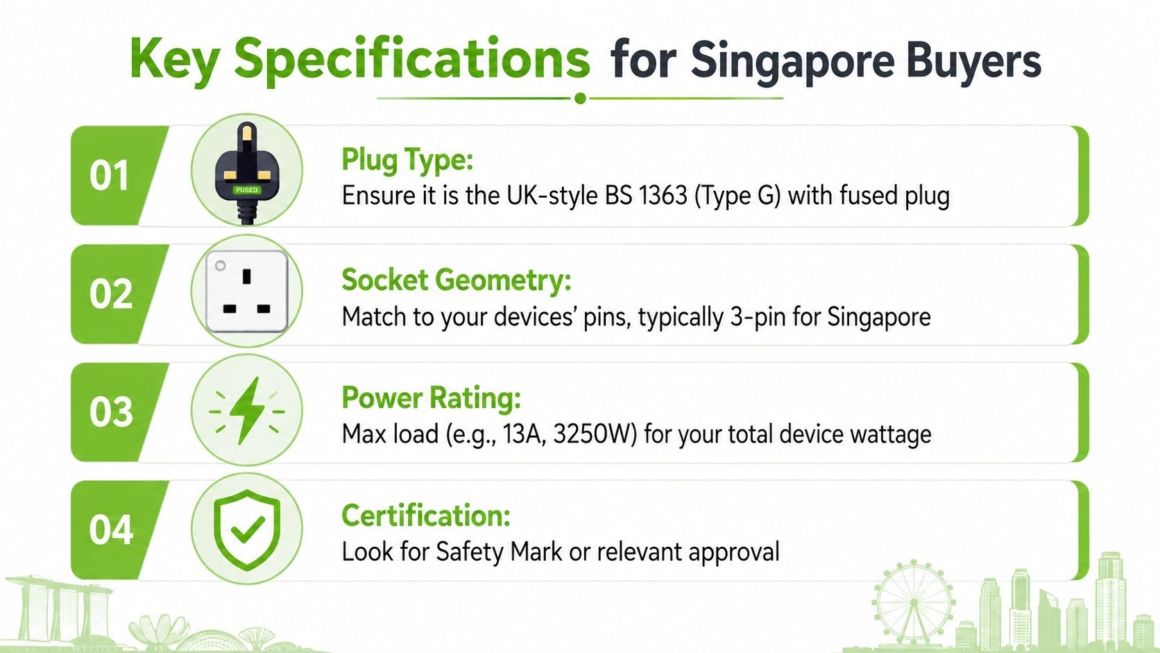 A guide for Singapore buyers detailing specifications for power plugs, sockets, load capacity, and safety certifications.
