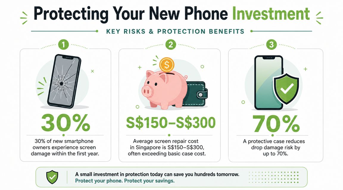 An infographic showing the benefits of phone cases to prevent screen damage and save repair costs.