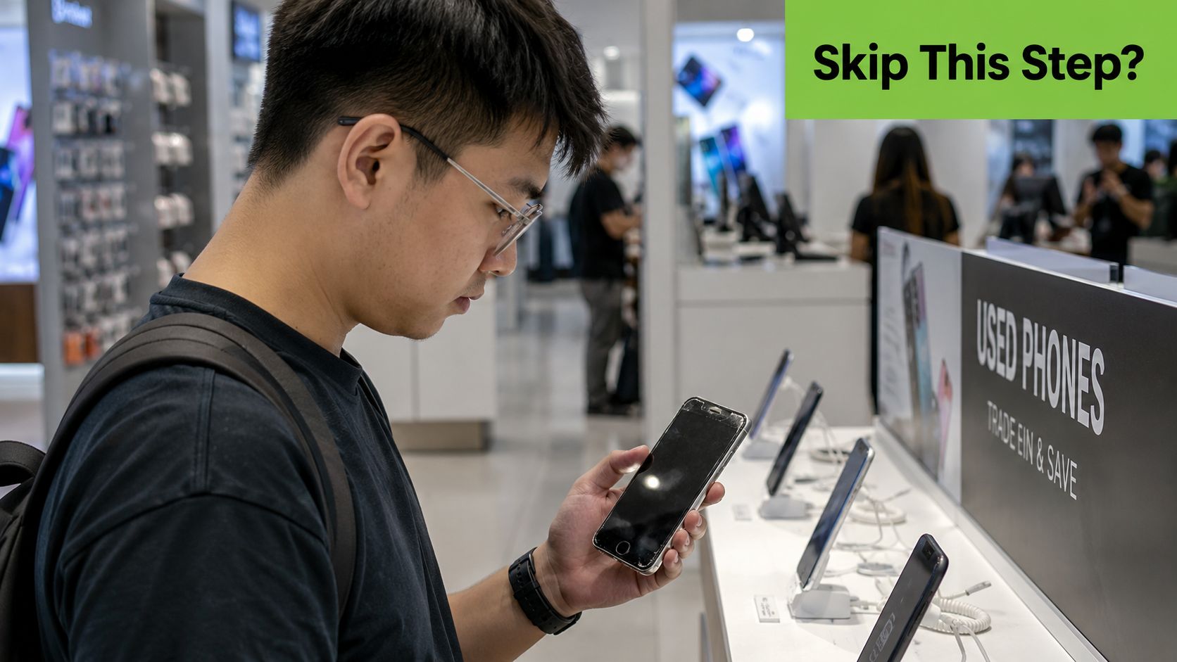 A young man examines a pre-owned smartphone while standing in a retail electronics store kiosk.