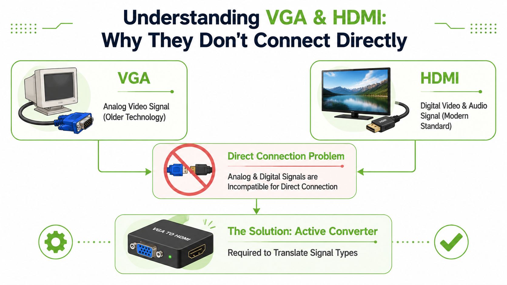 A diagram explaining why VGA and HDMI cables require an active converter to connect together.