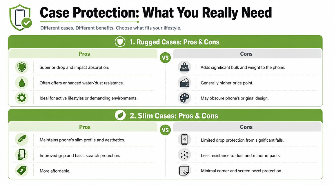 A comparison chart outlining the pros and cons of rugged versus slim protective mobile phone cases.