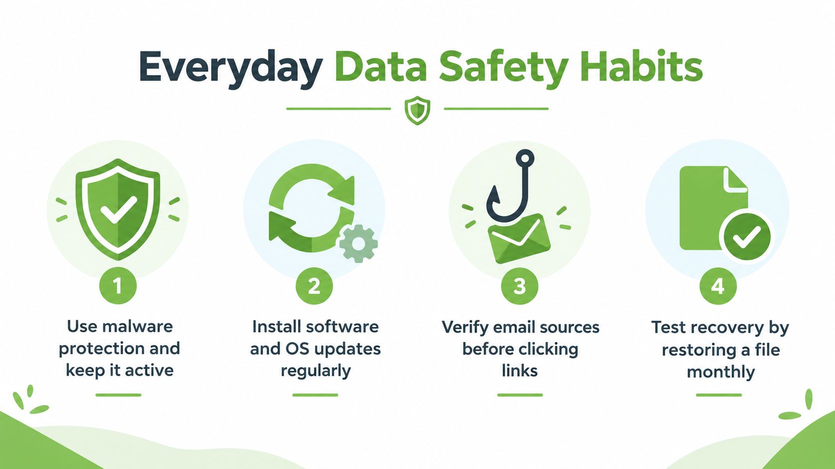 An infographic titled Everyday Data Safety Habits listing four numbered tips to improve digital security and protection.