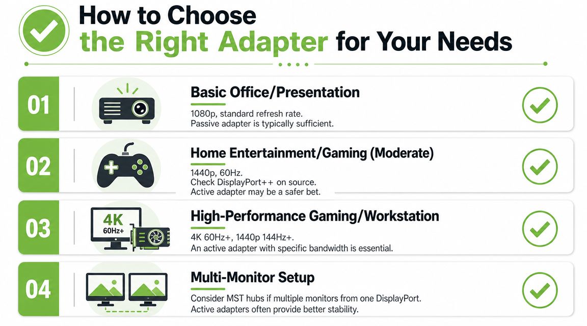 A guide showing four scenarios for choosing the right display adapter for different user needs.