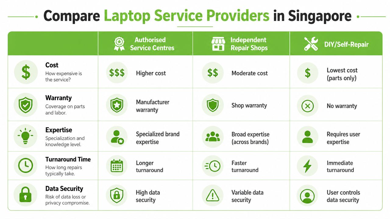 A comparison chart showing features of laptop service providers in Singapore including repair costs, warranty, and expertise.