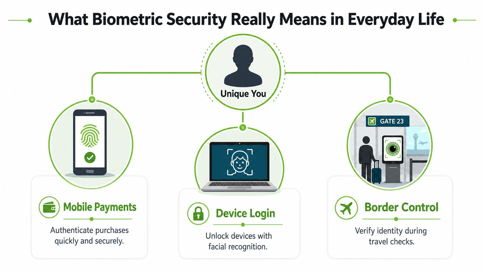 An infographic illustrating how biometric security, including fingerprints, facial recognition, and iris scanning, is used daily.
