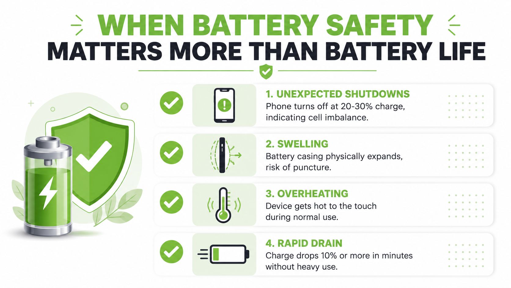 An infographic detailing four warning signs indicating a smartphone battery needs replacement for safety reasons.