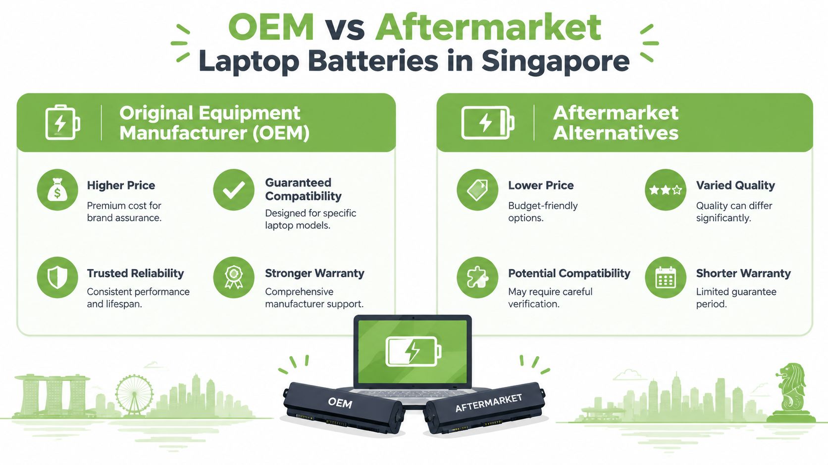 A comparative infographic highlighting the differences between OEM and aftermarket laptop batteries in the Singapore market.