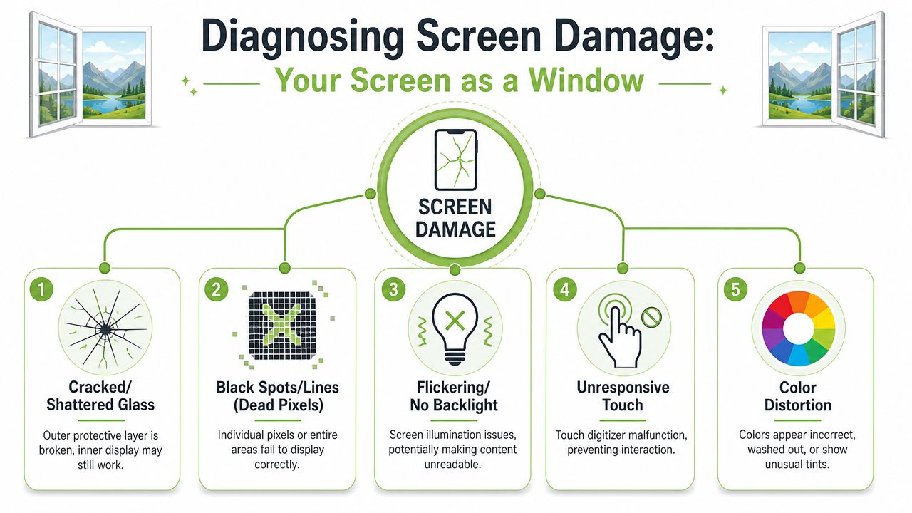 An infographic detailing five common types of smartphone screen damage, including cracked glass, dead pixels, and flickering.