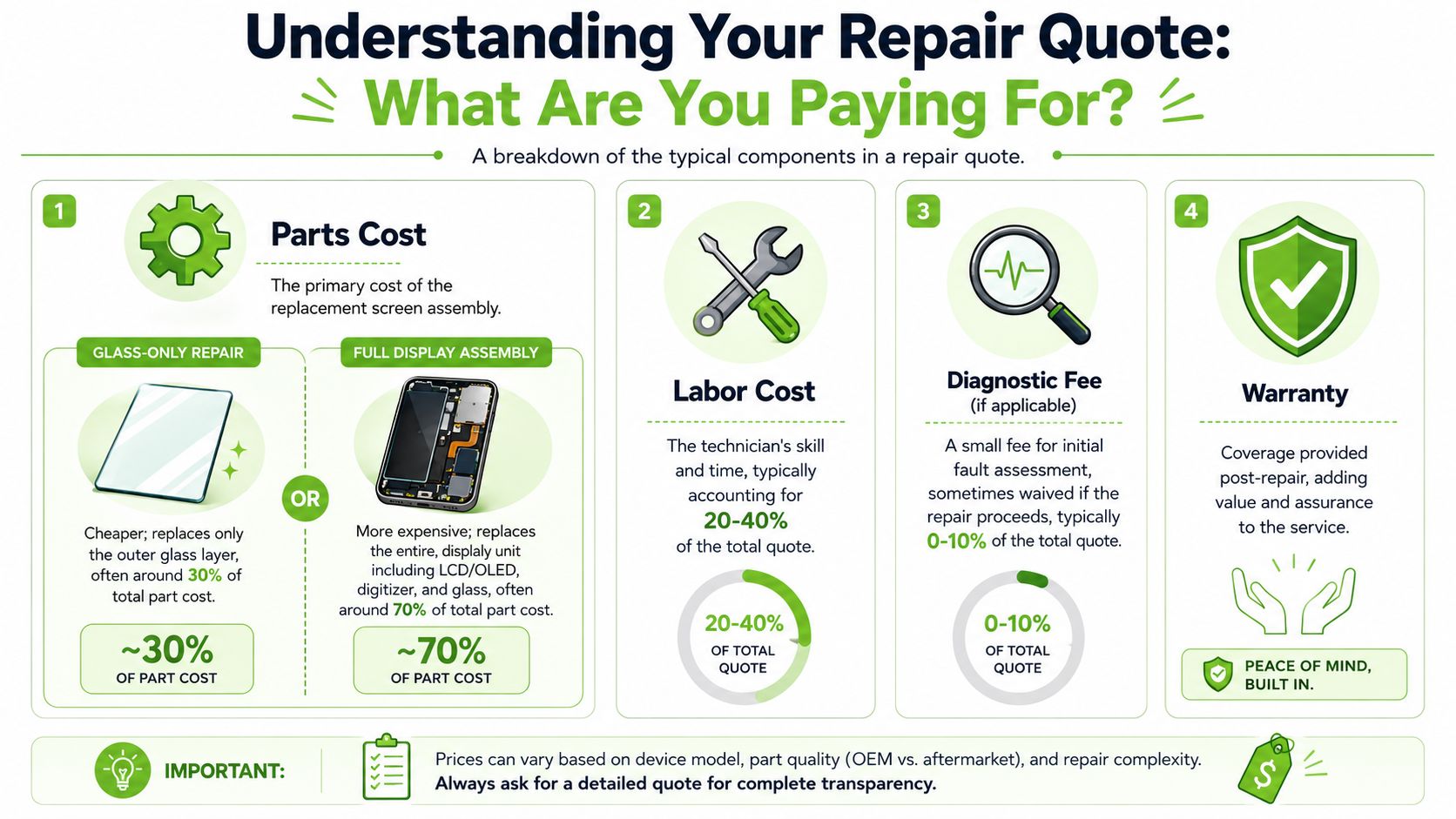 An infographic titled Understanding Your Repair Quote, detailing costs of parts, labor, diagnostics, and warranty for phone repairs.