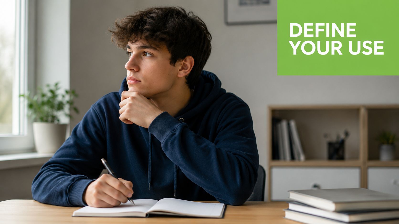 A young man sits at a desk with an open notebook, thoughtfully looking out the window while writing.