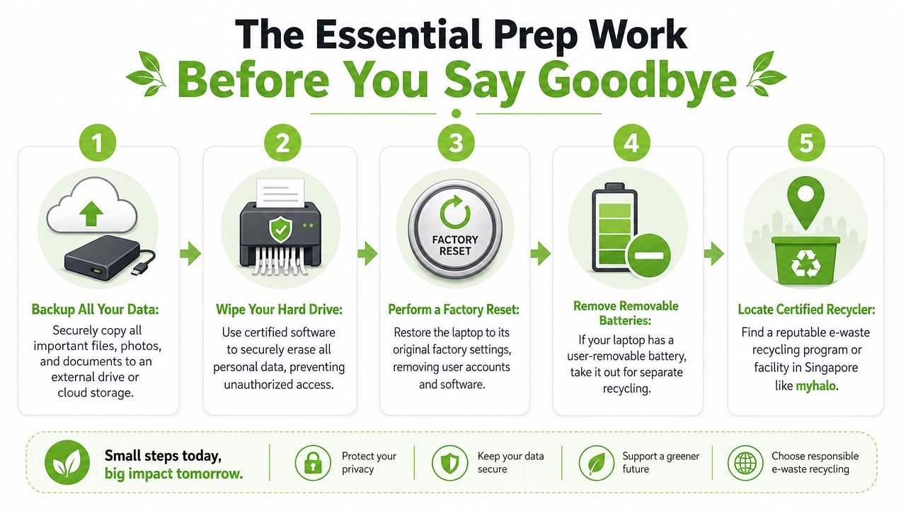 A five-step guide for preparing a laptop for recycling, including backing up data and wiping storage.