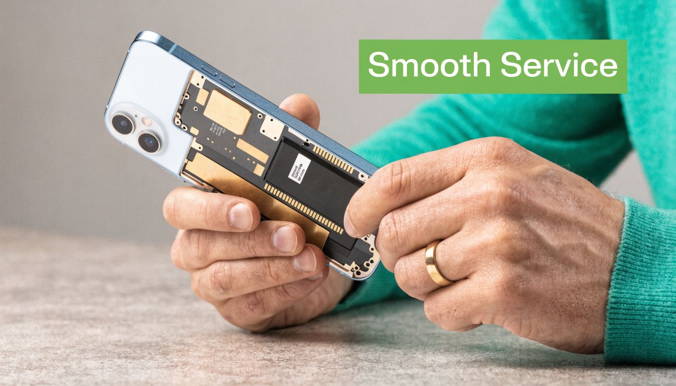 A technician performing a professional battery replacement on an iPhone, showcasing the internal hardware components.