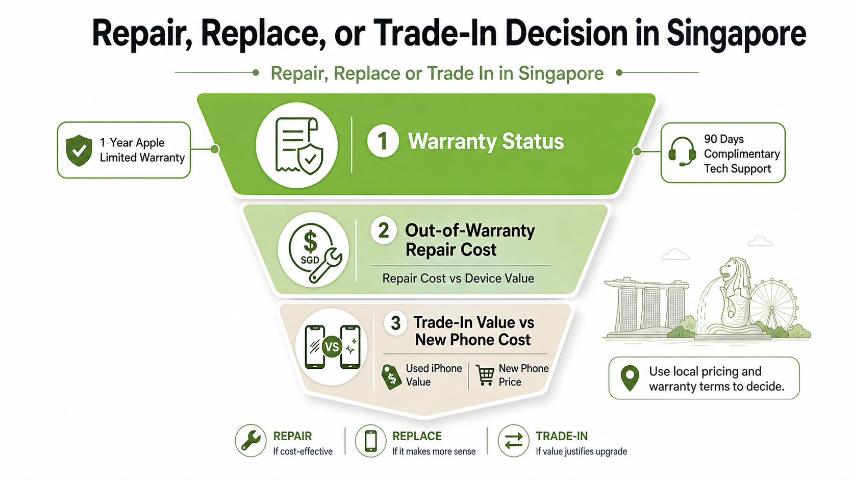 A decision flowchart for repairing, replacing, or trading in an iPhone based on warranty and costs.