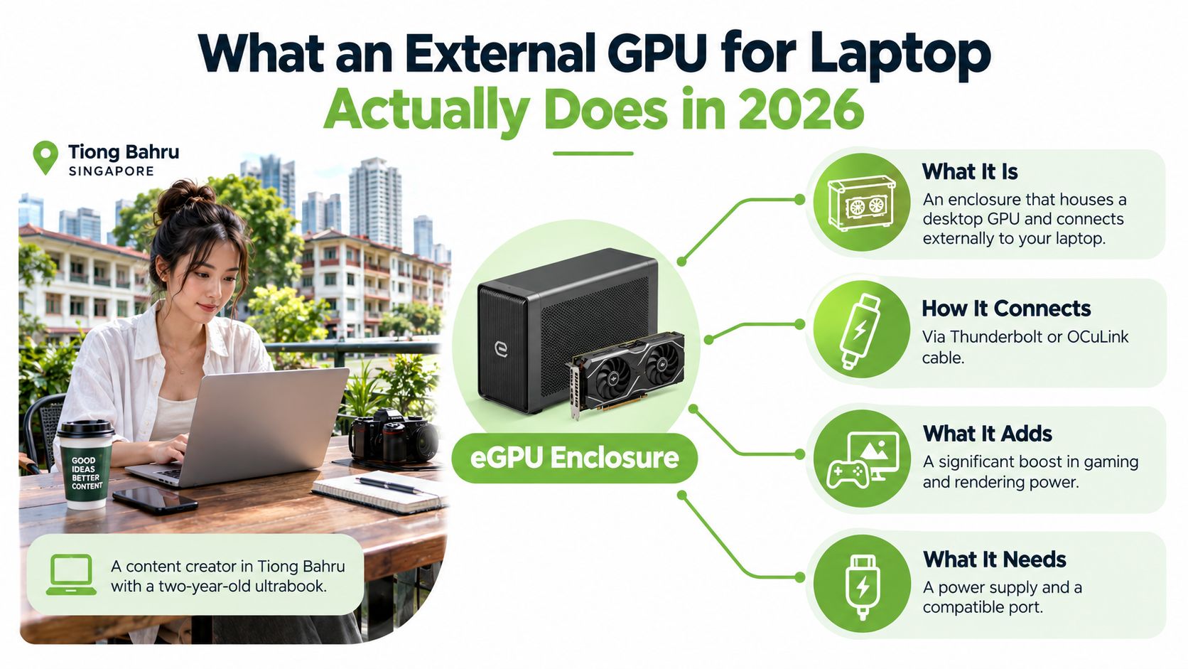 An infographic explaining how an external GPU enclosure boosts a laptop's performance for gaming and rendering.