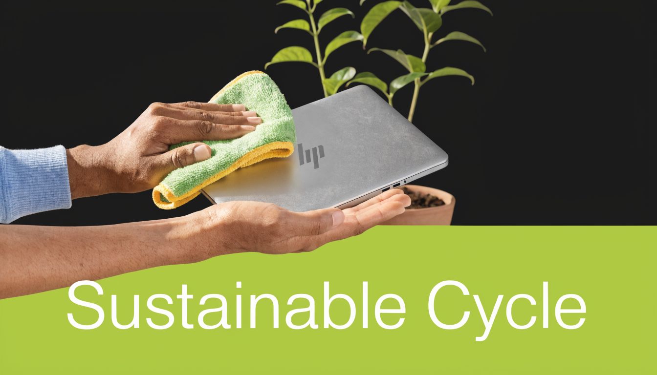 A person cleaning a silver HP laptop with a green cloth near a small potted plant.