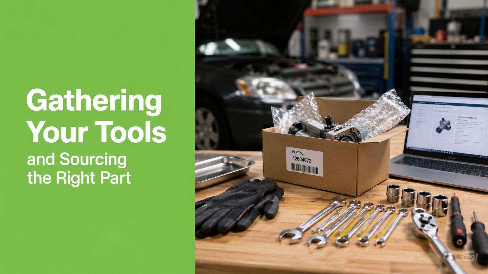 Automotive repair shop workbench with tools, parts in a cardboard box, and an open laptop.