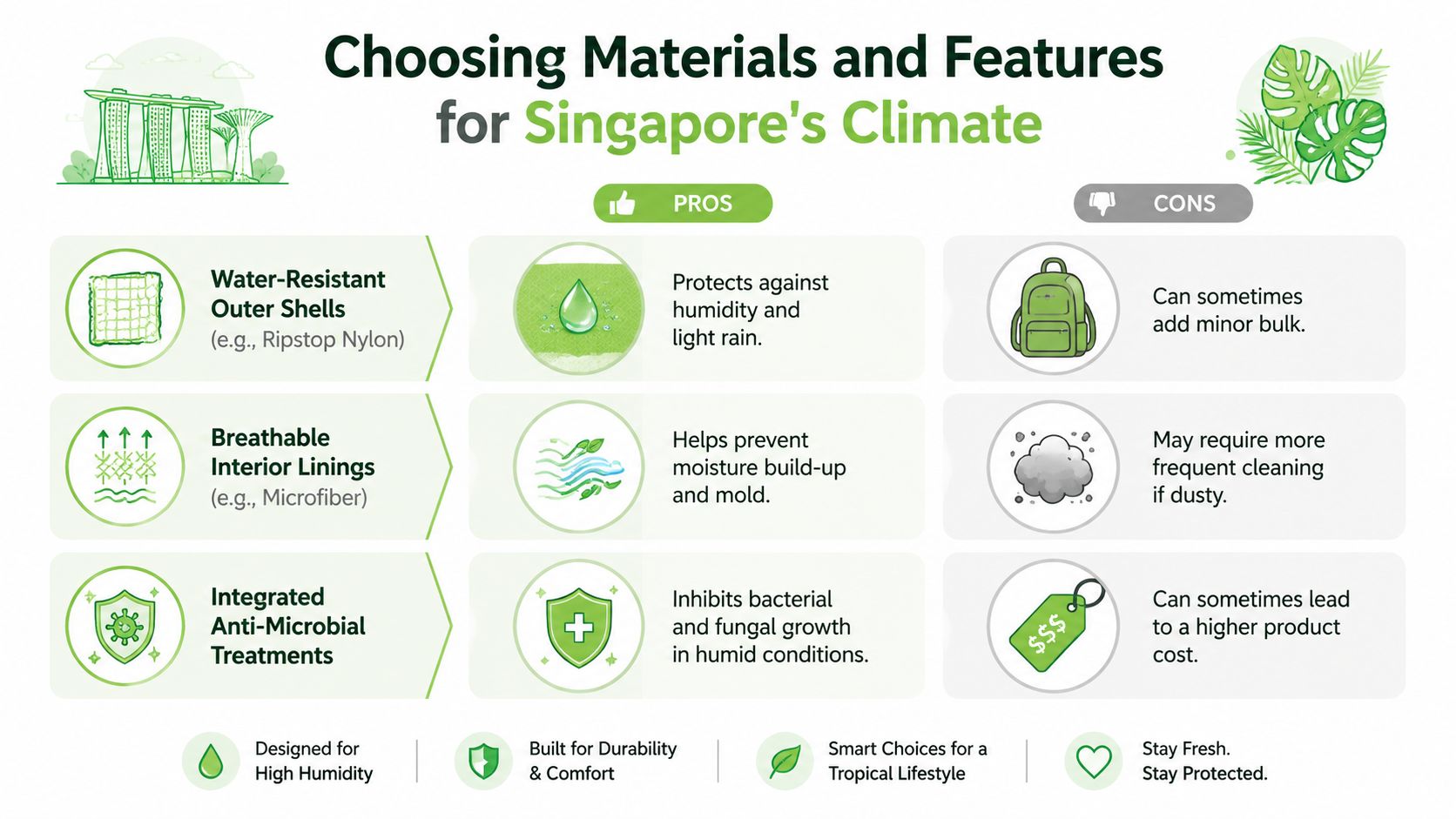 An infographic showing pros and cons of bag materials and features for Singapore's humid tropical climate.