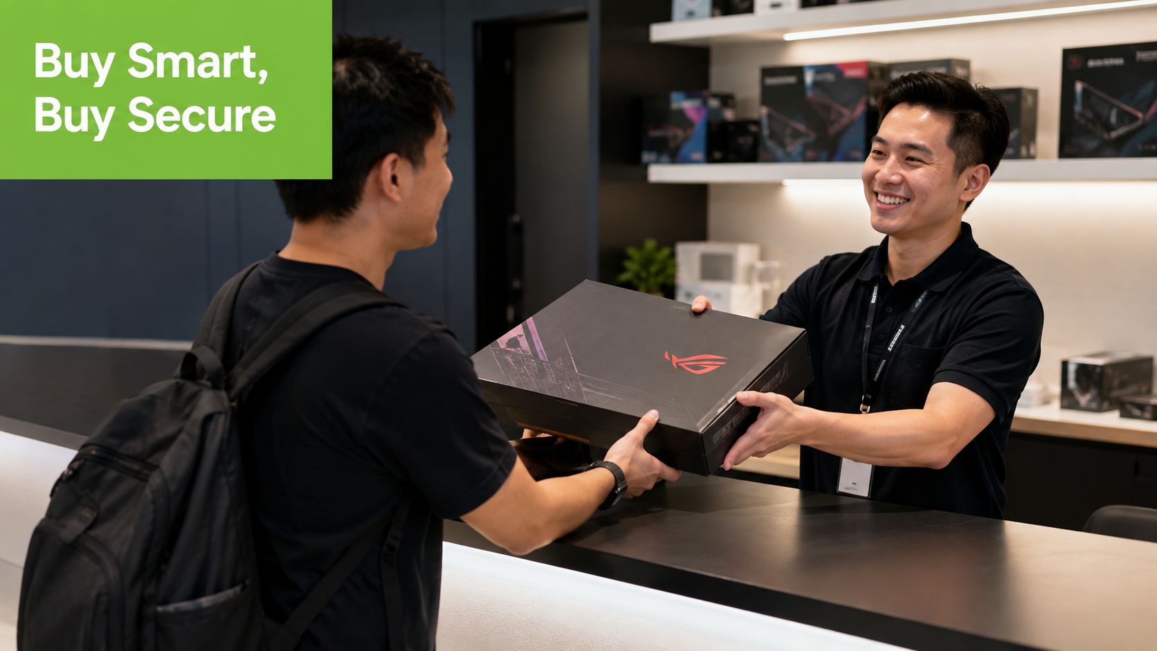 A happy customer receiving a box from a store clerk in a computer store environment.