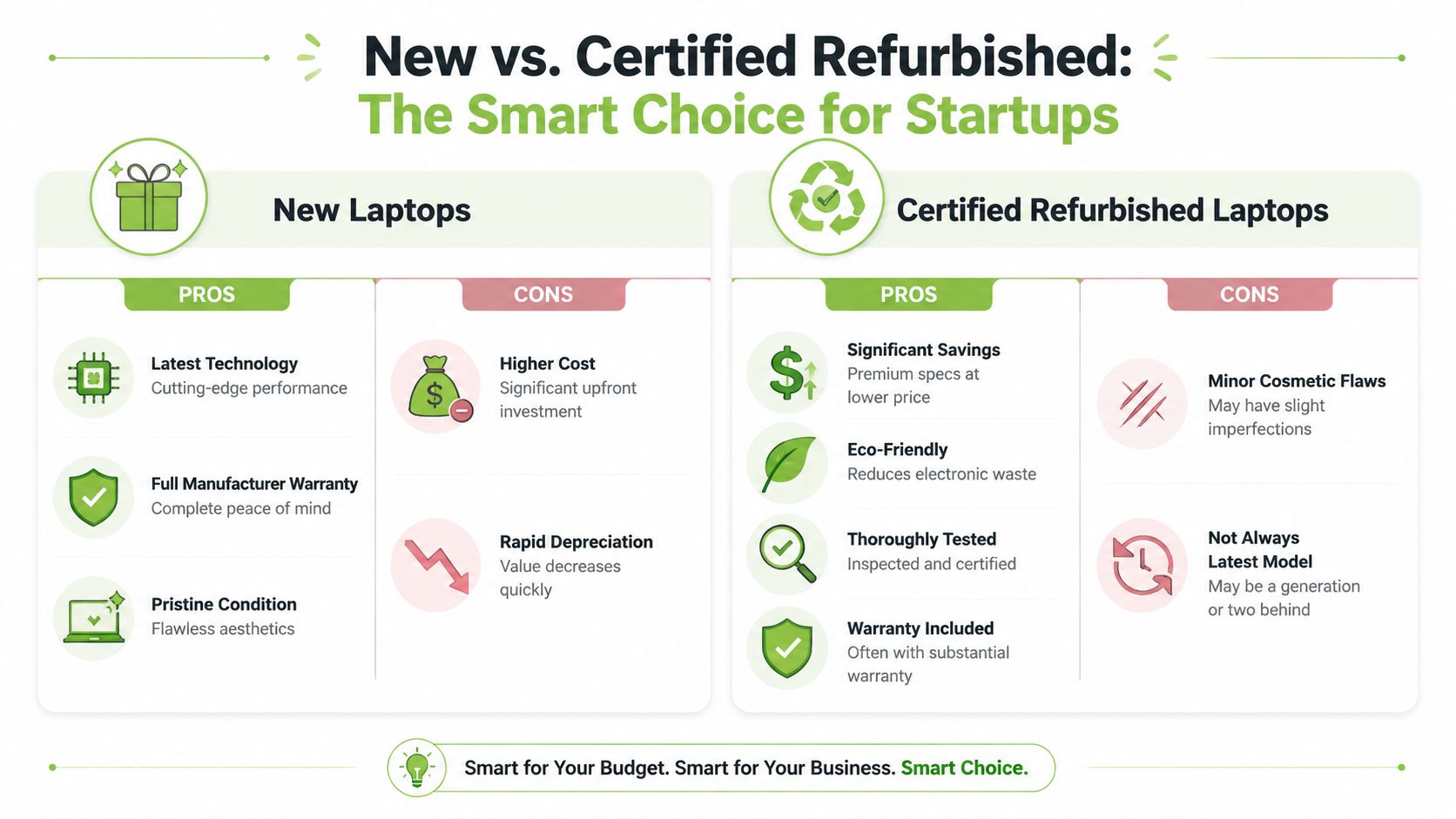 A comparison infographic between new and certified refurbished laptops, highlighting the pros and cons for startups.
