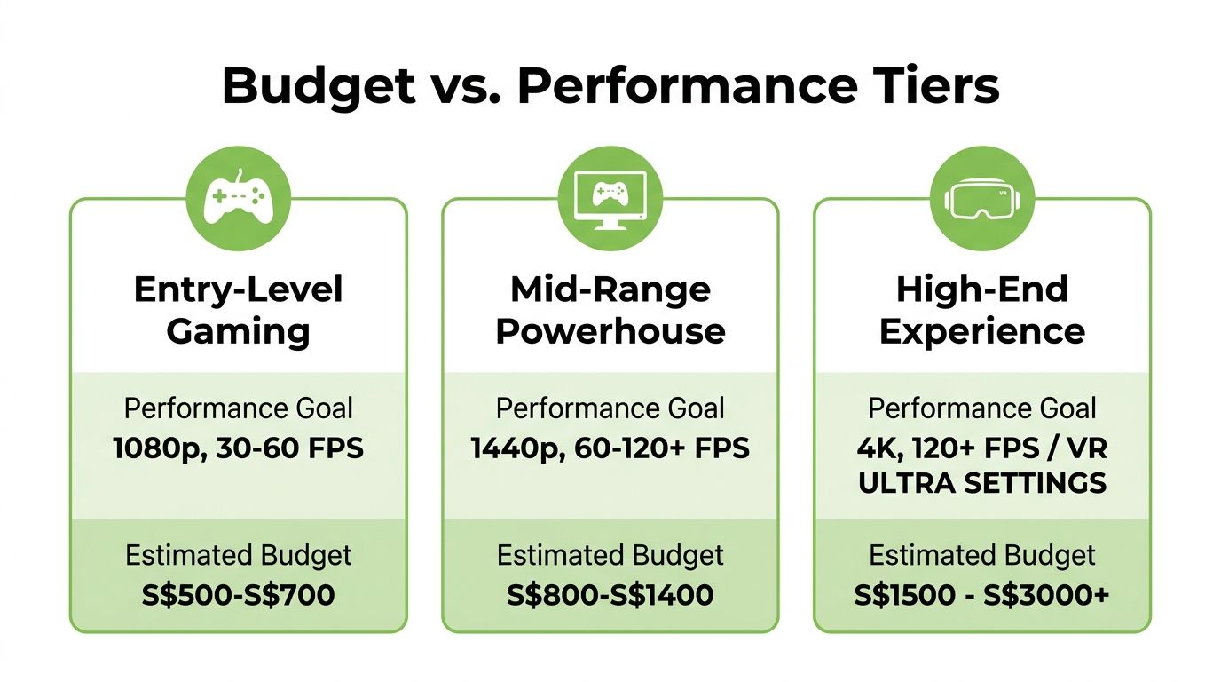 A chart comparing performance goals and budget tiers for gaming computers from entry-level to high-end systems.