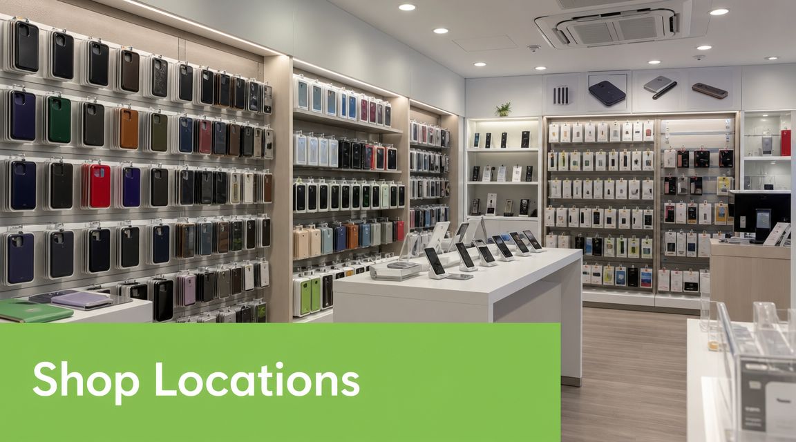 An organized retail store interior featuring numerous shelves filled with a wide variety of smartphone cases.