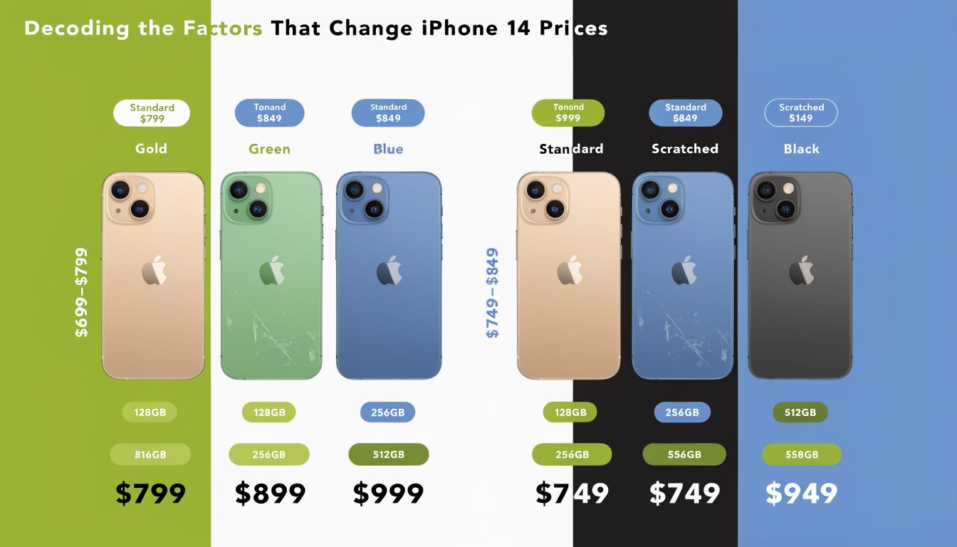 一份视觉指南，比较了根据颜色、存储容量和物理状况变化的 iPhone 14 价格。