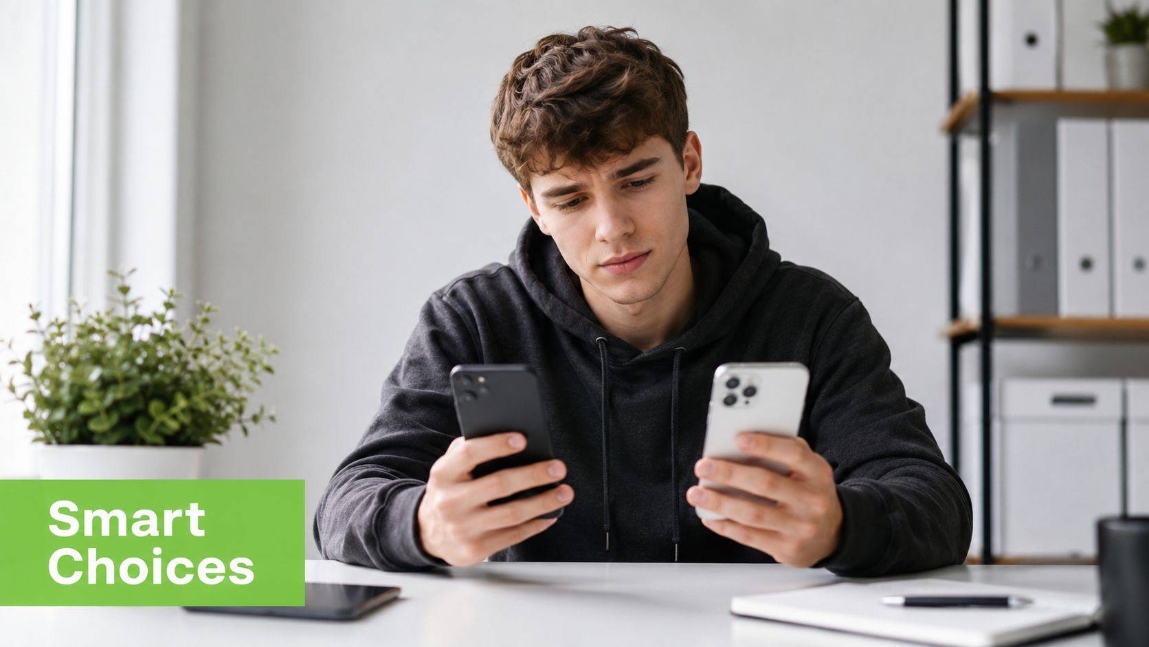 A young man sitting at a desk comparing two different smartphones with a serious expression.