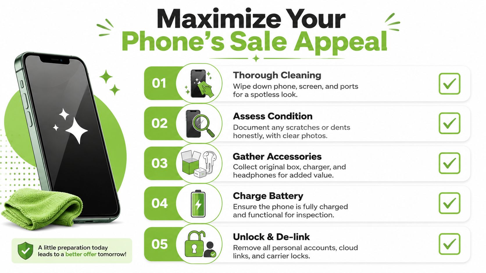 A checklist of five tips to maximize the resale value of a mobile phone before selling it.