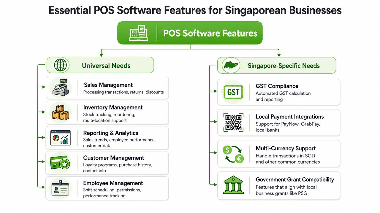 A diagram outlining essential point-of-sale software features categorized into universal needs and Singapore-specific business requirements.