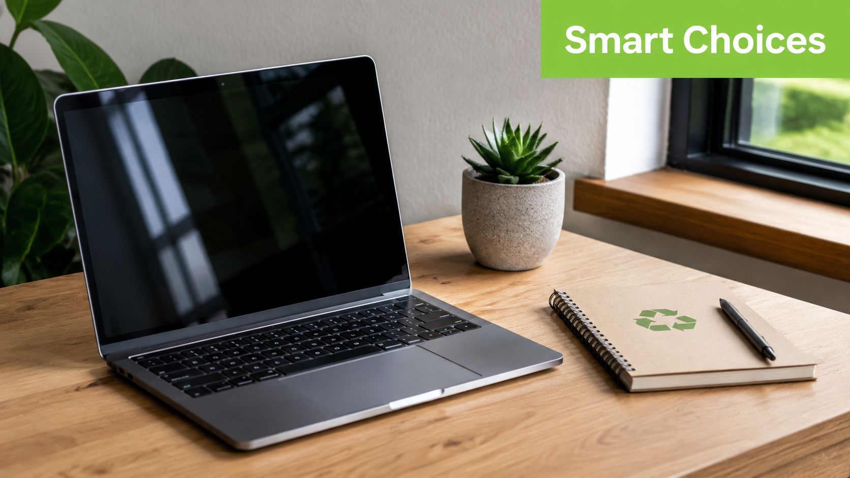 A modern laptop on a wooden desk next to a succulent plant and a recycled notebook.