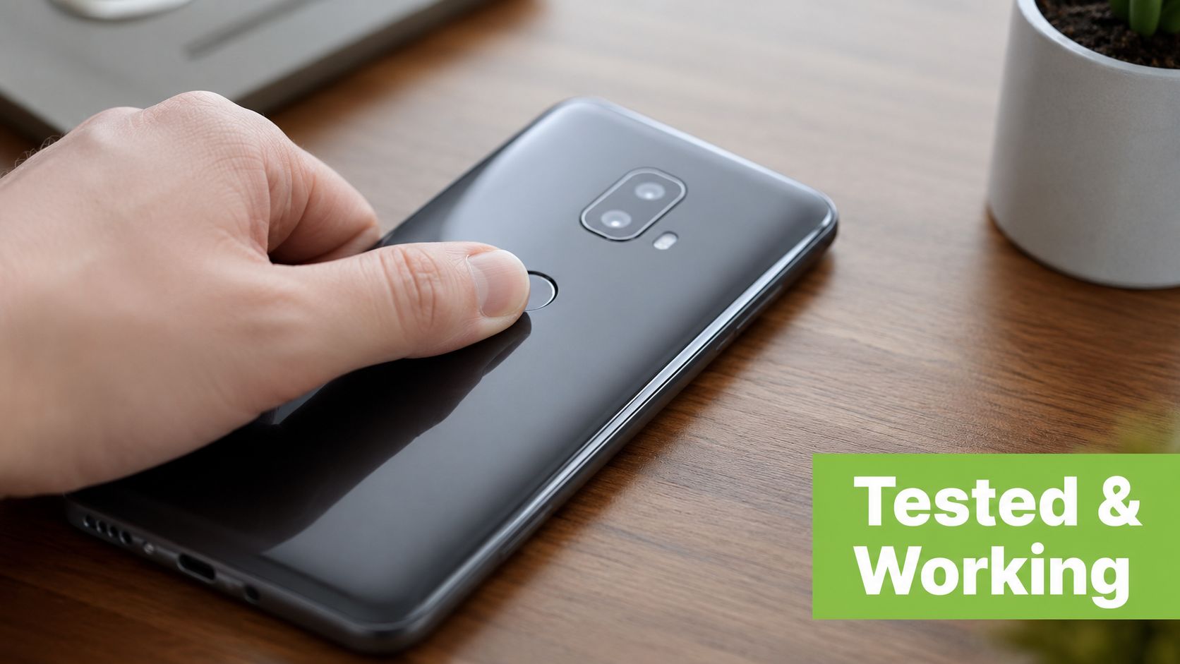 A hand placing a thumb on the rear fingerprint sensor of a black smartphone on a desk.