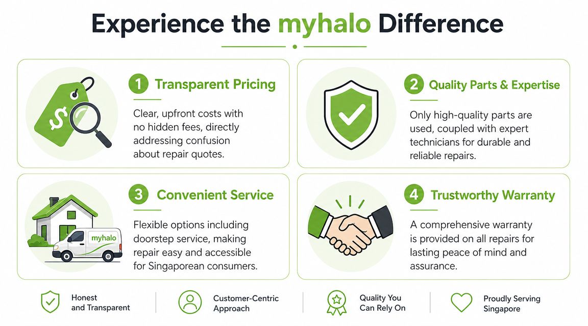 A graphic highlighting the four key service benefits of MyHalo repair services including transparent pricing and reliable warranty.