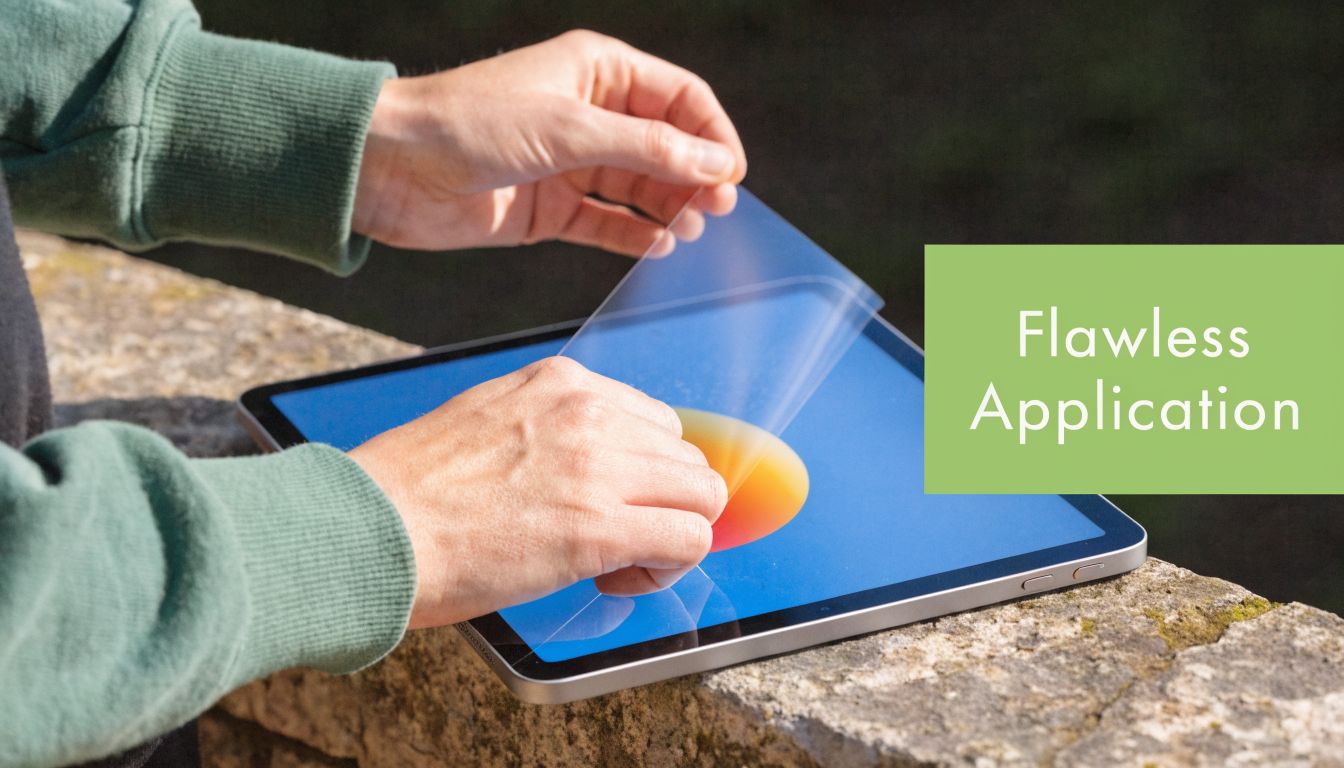 A person applying a protective film to the screen of an Apple iPad tablet outdoors.