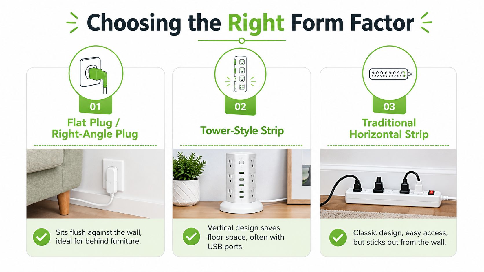 A visual guide comparing three different power plug extension form factors: flat plug, tower-style strip, and horizontal strip.