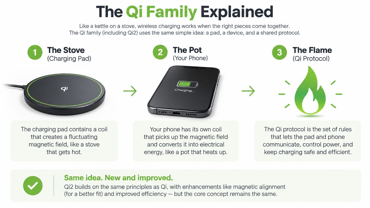 A diagram explaining wireless charging using the analogy of a stove, a pot, and a flame.