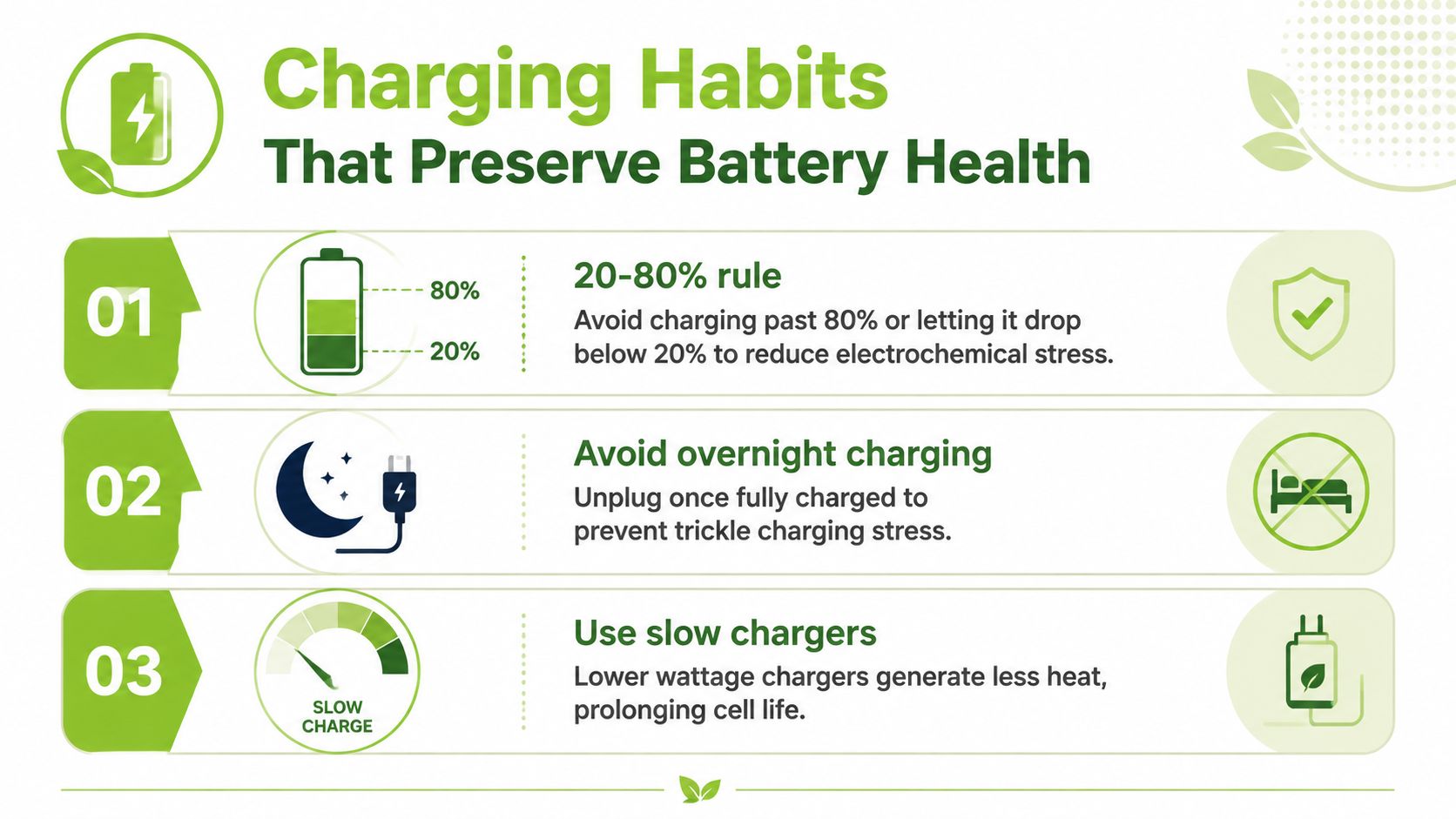 An infographic showing three charging habits to preserve battery health including charging ranges and charger types.