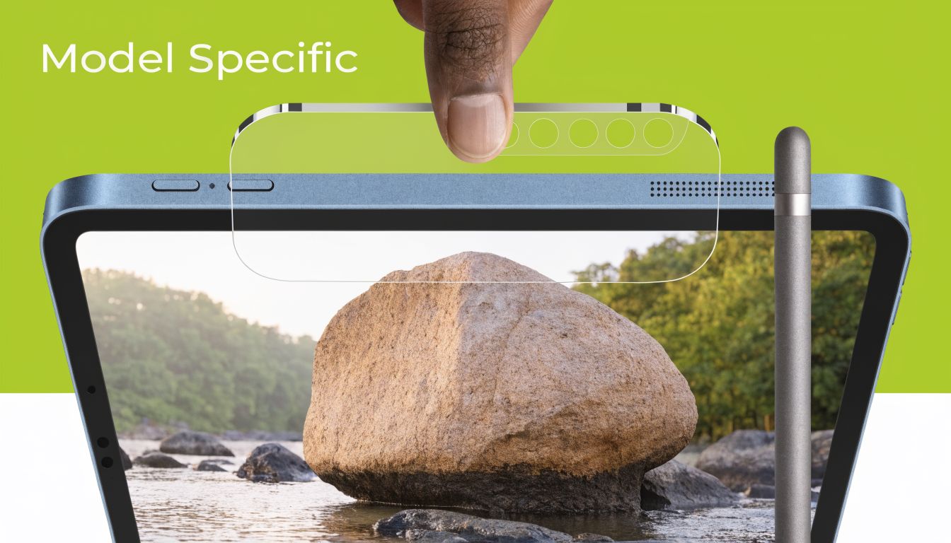 A hand holding a clear glass screen protector above a blue tablet with an included stylus pen.