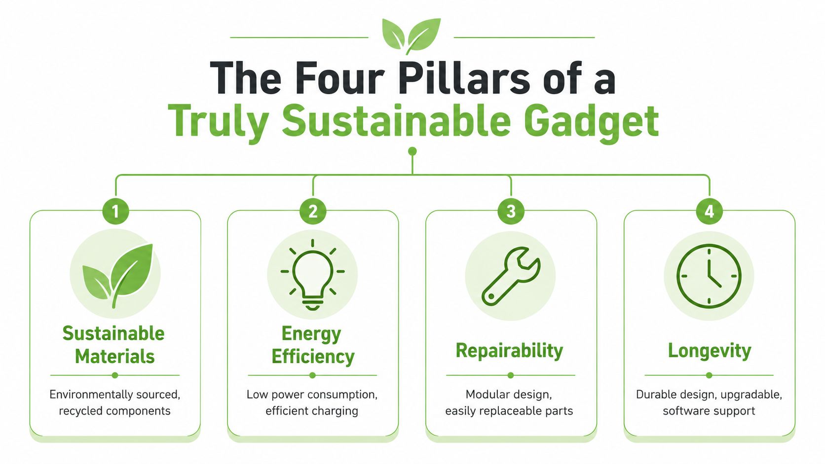 An infographic titled The Four Pillars of a Truly Sustainable Gadget highlighting sustainability, energy efficiency, repairability, and longevity.