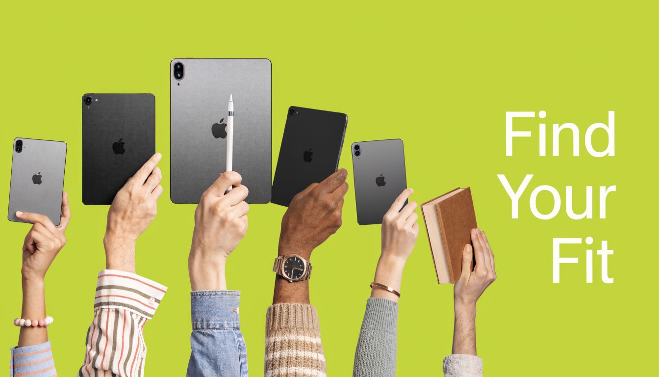 Multiple hands held up holding various Apple iPad models and a book against a green background.