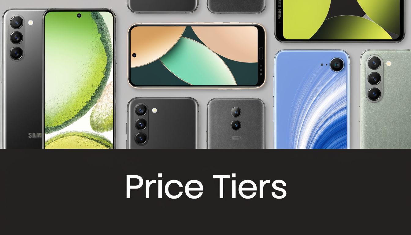 A collection of various modern smartphones with different designs arranged on a grey background under a title.