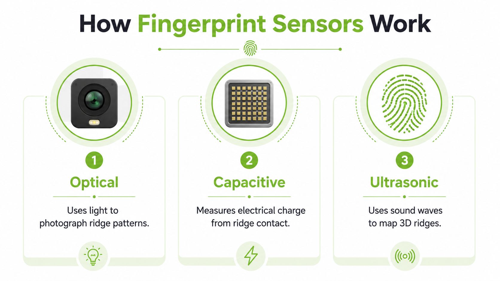 A simple infographic explaining the three main technologies used in modern fingerprint sensors: optical, capacitive, and ultrasonic.