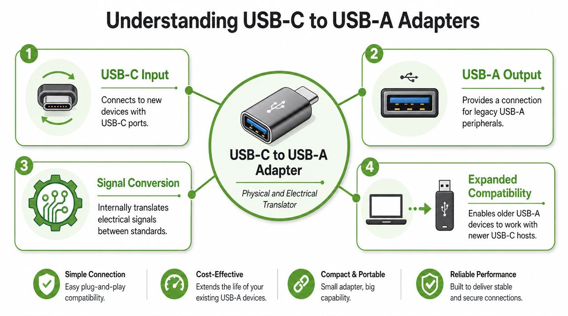 A diagram explaining how a USB-C to USB-A adapter functions for connectivity and hardware compatibility.