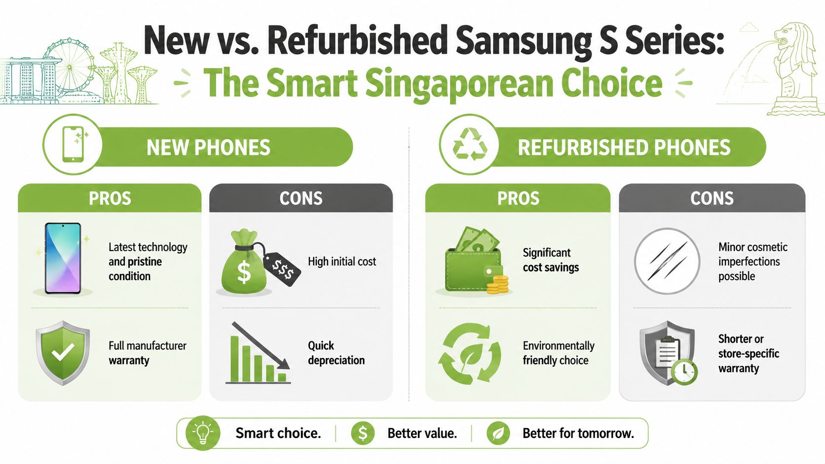 A comparison infographic between new and refurbished Samsung S Series smartphones in Singapore, highlighting pros and cons.