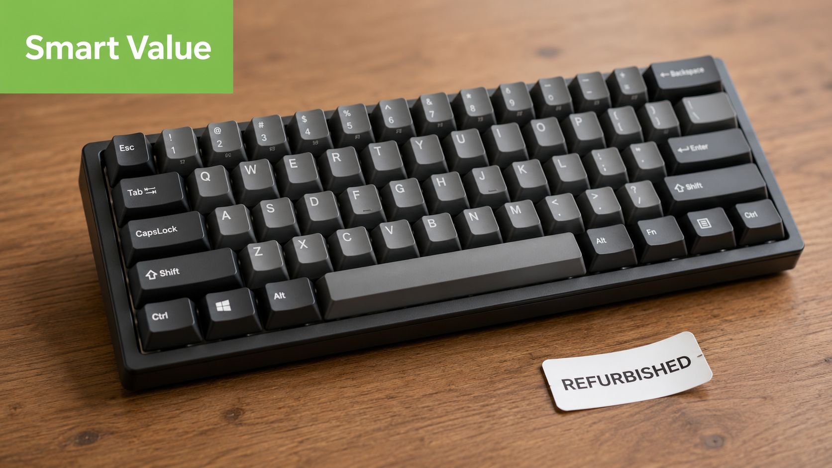 A sleek, black mechanical keyboard labeled as refurbished sitting on a polished wooden desk surface.
