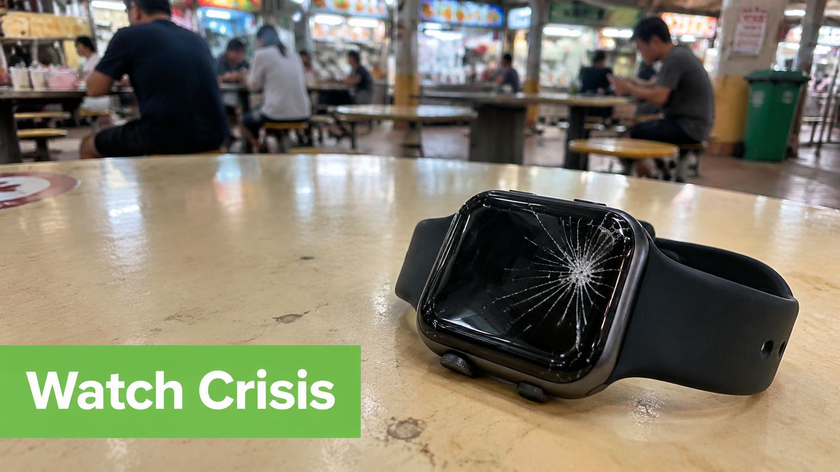A broken smartwatch with a shattered glass screen sitting on a table in a busy food court.