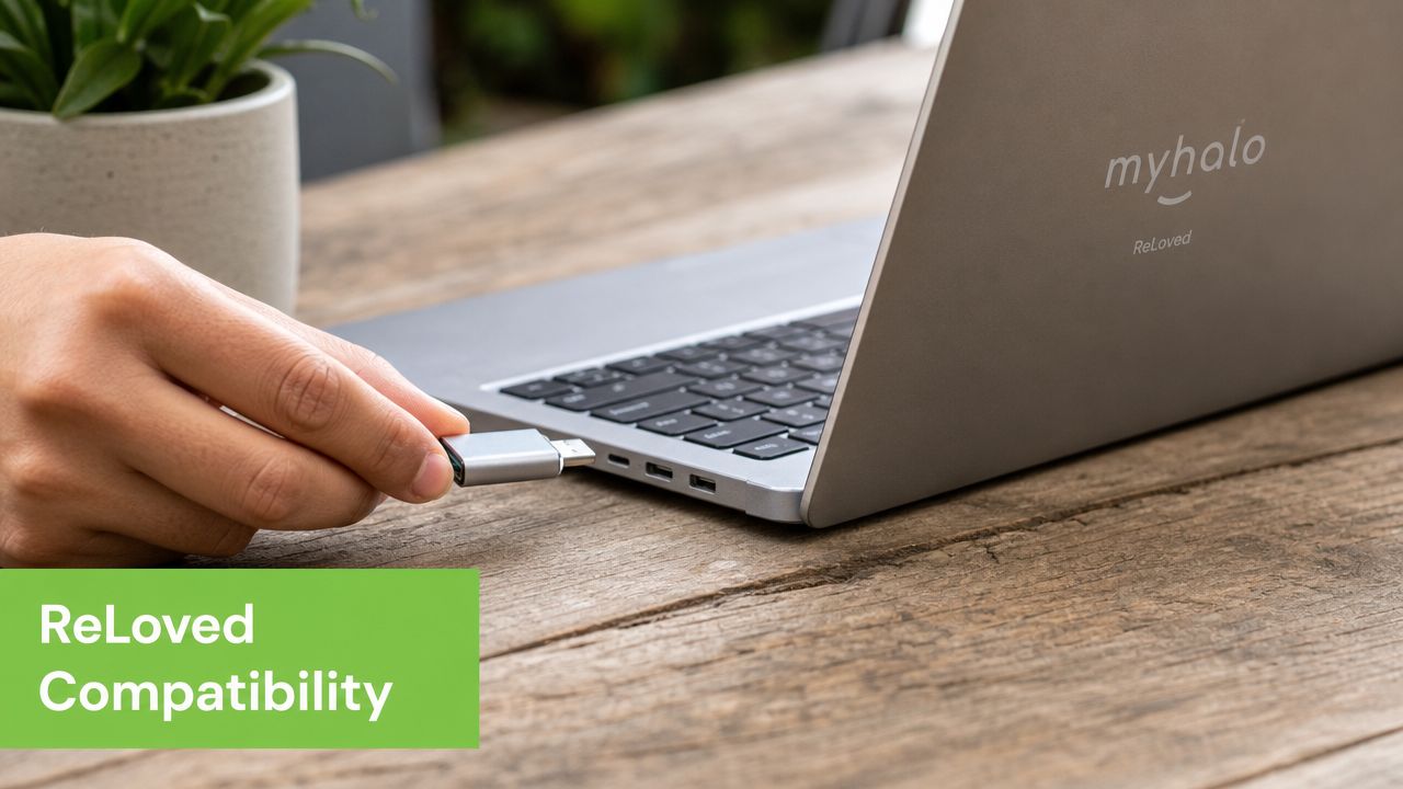 A person plugging a silver USB-C to USB-A adapter into the side of a laptop computer.