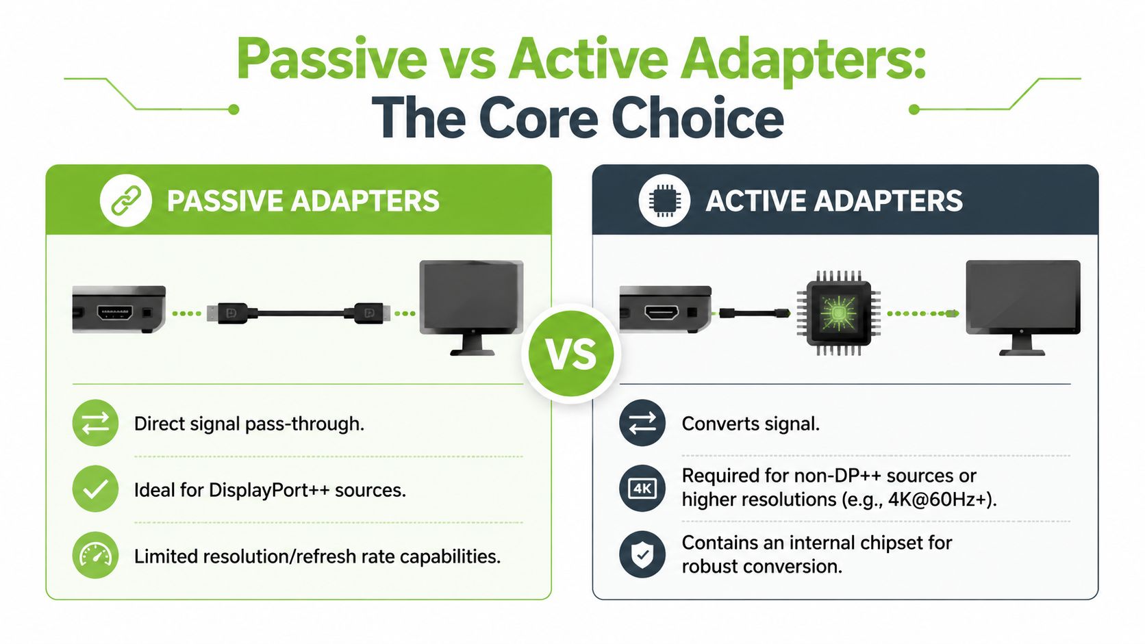 A comparison chart showing the differences between passive and active adapters for display port to HDMI connections.