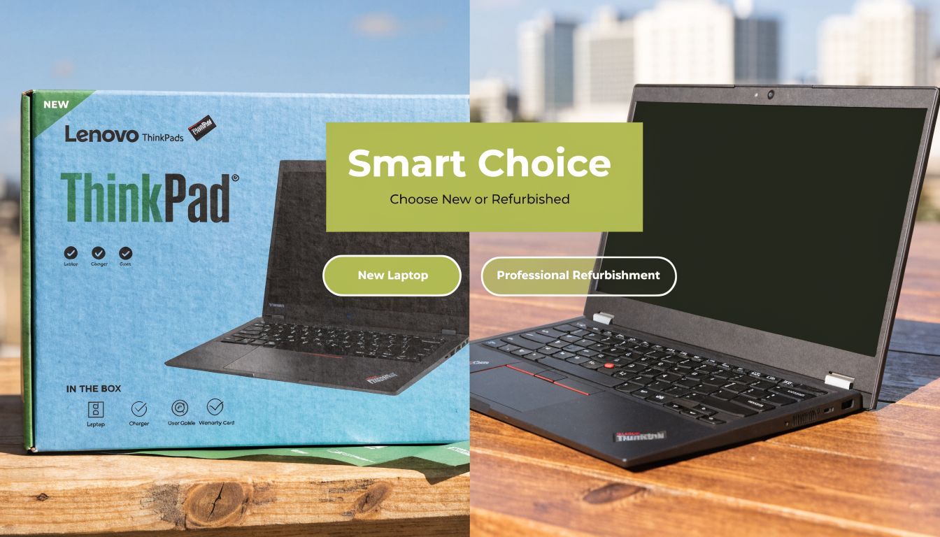 A split image showing a new Lenovo ThinkPad box on the left and a refurbished laptop on the right.