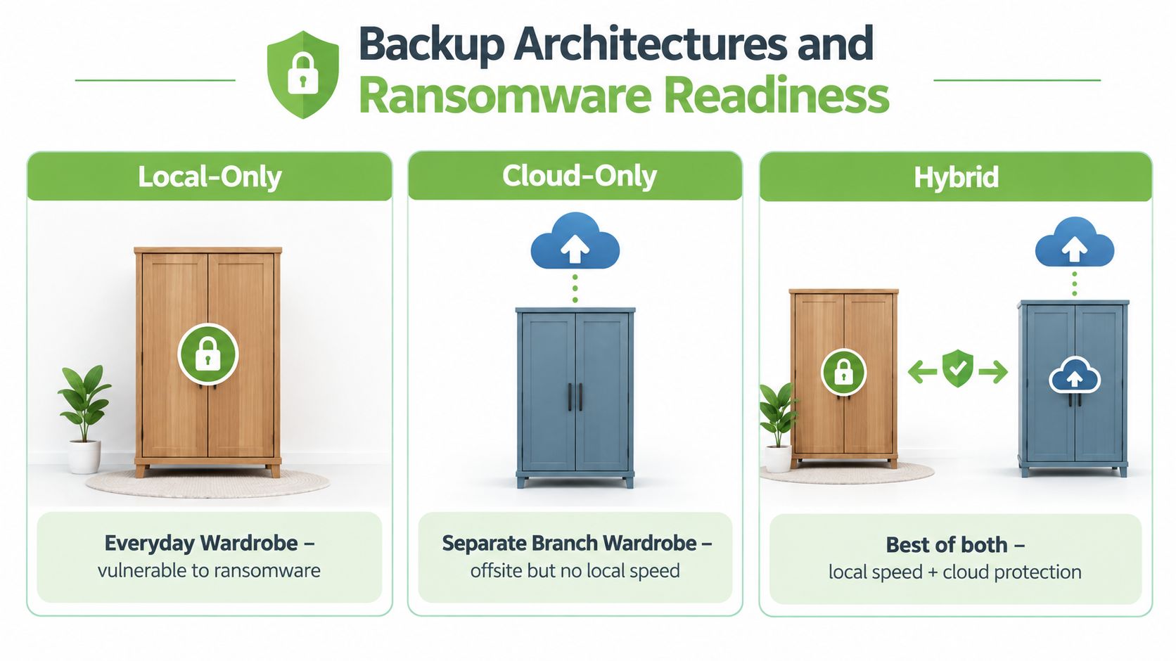 A visual comparison of local, cloud, and hybrid backup architectures for ransomware readiness using a wardrobe metaphor.